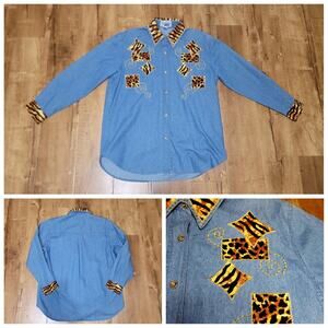 Vtg Silver Plus Upcycled Denim Button-down Shirt